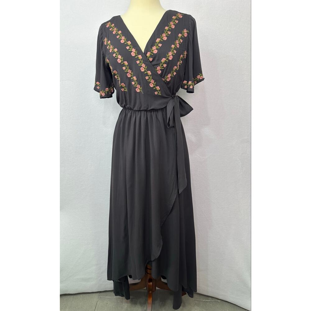 Jodifl Charcoal Floral Embroidered Wrap Hi Low Maxi Dress Size M - Picture 2 of 11